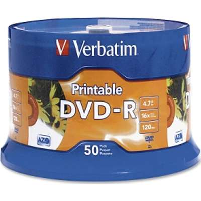 Verbatim 50-pack DVD-R 4.7GB 16X White Verbatim Branded Inkjet Hub Printable Spindle